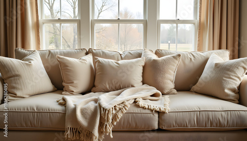 Cozy sofa adorned with pillows and blankets, warm interior comfort