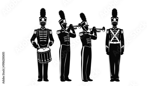 A striking black and white depiction of four uniformed musicians playing brass instruments and percussion creating a formal and artistic silhouette high quality professional
