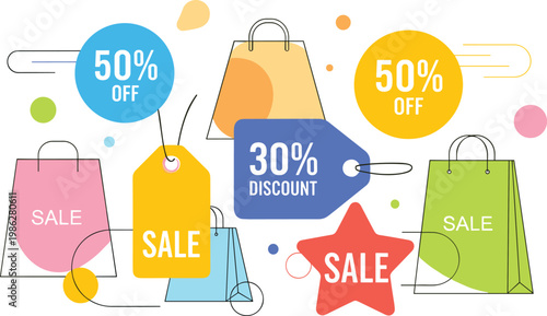 Shopping sale discount concept with percentage tags retail bags ecommerce promotion special offer and marketing illustration