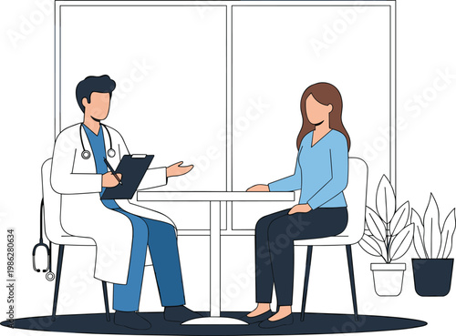 Doctor consultation with patient in clinic discussing diagnosis healthcare service medical checkup and treatment illustration