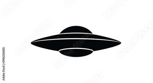 A simple black silhouette of a classic flying saucer spaceship
