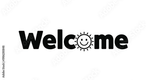 The word welcome with a sun like smiley face replacing the o