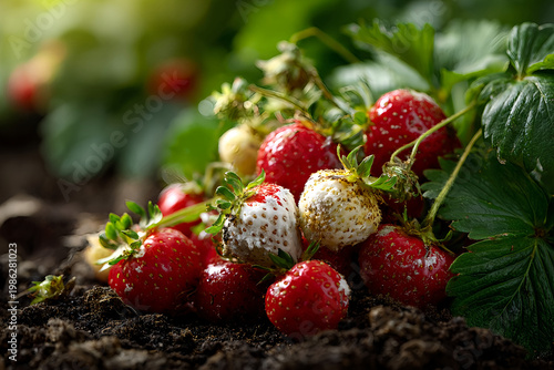 Strawberry fruit with white spot fungus. Gardening, horticulture and organic agriculture concept, Rotten strawberries, mould strawberry, rotten fruit background, moldy strawberries in garden, close-up