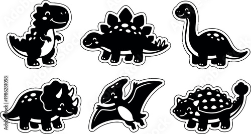 Black and white cartoon dinosaur vector art set with six cute prehistoric animals