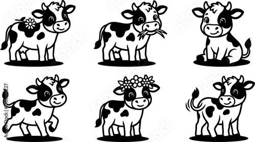 Black and white cartoon calves with flower and grass details in playful poses