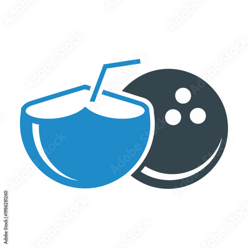Vector of a blue cocktail with a straw next to a dark gray bowling ball.