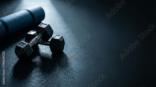 Panoramic Fitness and Gym Workout Banner with Dumbbells and Yoga Mat on Dark Textured Floor with Ample Copy Space for Health Coaching