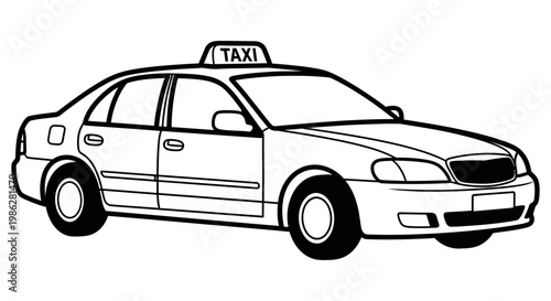 Black and white line drawing of a classic taxi cab vehicle