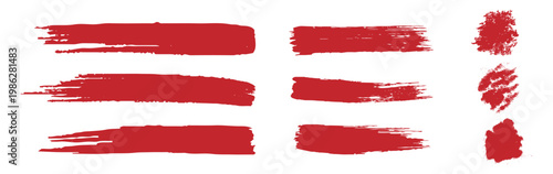 Straight red ink vector lines pack. Bloody color long and round hand-drawn brushstroke text highlights  frames  circles. Asian calligraphy Paint brush