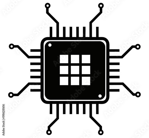 Simple computer microprocessor chip icon for modern digital technology designs