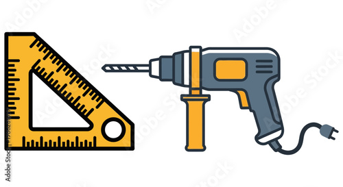 Electric drill and triangular ruler for home construction and repair projects