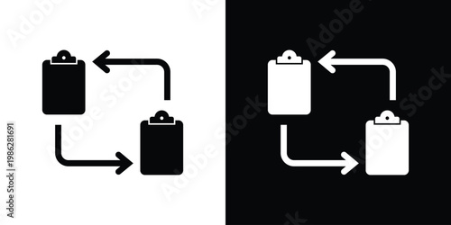 Vector illustration of two clipboards with circular arrows, symbolizing task management, data synchronization, workflow updates, and administrative process automation in a flat style.