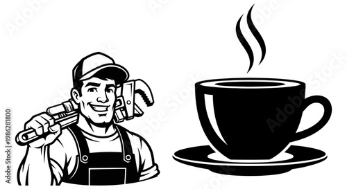 Plumber holding a large pipe wrench next to hot coffee cup