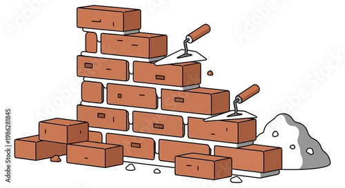 Red clay bricks being stacked neatly by a metal hand trowel