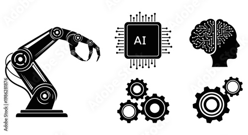 Set of black icons representing artificial intelligence and robotic engineering technology