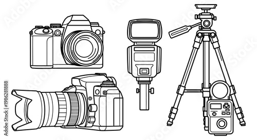 Set of professional photography equipment including cameras flash and tripod