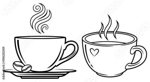 Two steaming hot coffee cups illustrated in a simple line style