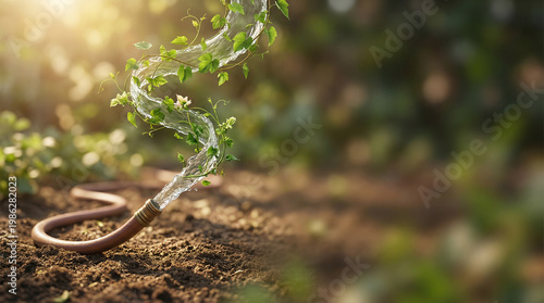 Horizontal Garden Banner: Magical Swirling Water Stream with Growing Green Vines and Leaves from a Hose, Sustainable Agriculture Concept Background