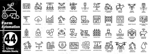 Farm Automation linear editable vector icons. Representing farm automation and digital agriculture with smart monitoring devices and robotic harvesting machines.