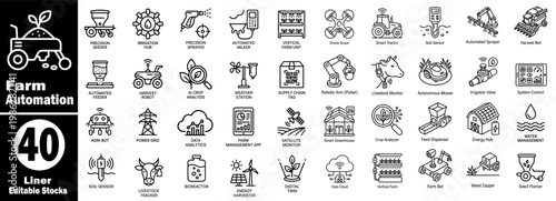 Forty farm automation linear icons bundle. Showcasing smart agricultural technology with robotic equipment, soil monitoring, and digital management solutions.
