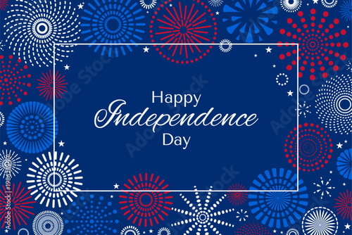 Fourth of July, Independence Day fireworks display illustration. USA flag colors, blue, red, white fireworks on dark background. July 4th United States of America holiday banner design. Flat vector