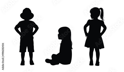 A striking black silhouette depicts three young children in varying poses showcasing a playful interaction and youthful charm silhouette high quality professional detailed modern