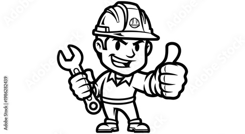 Cartoon construction worker holding a wrench giving a thumbs up