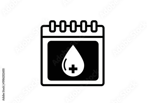 A nice and smooth black and white silhouette icon of a cute calendar with a blood donation symbol on it blood drop