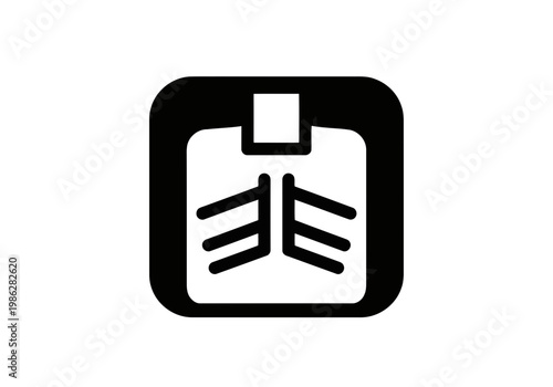 A simple but unique black silhouette icon of a perfect ribcage on a in a rounded silhouette square xray plate