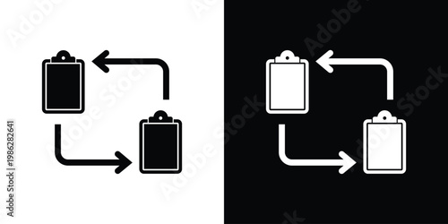 Vector illustration of two clipboards with circular arrows, symbolizing task management, data synchronization, workflow updates, and administrative process automation in a flat style.