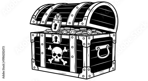 Open wooden pirate chest filled with shiny gold coins and jewels
