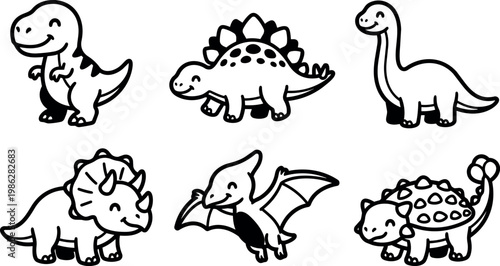 Black and white cute dinosaur line art set with smiling prehistoric animals