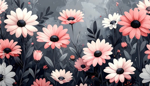 Daisies with pink and white petals amidst dark foliage against a gray mottled background