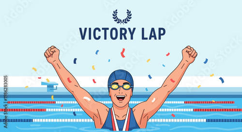 Triumphant Swimmer Celebrates Victory Lap with Raised Fists and Confetti