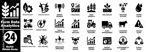 Farm data analytics icons set. Featuring agriculture technology and smart farming, including drone survey and yield monitoring with editable stocks.