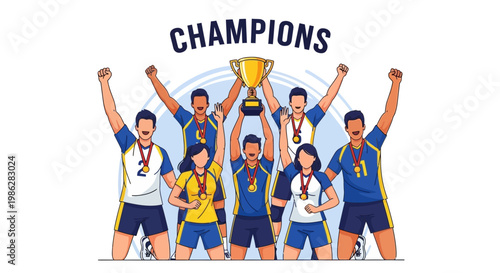 Triumphant Sports Team Celebrates Victory With Golden Trophy And Medals