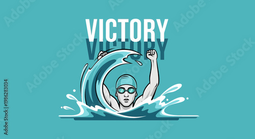 Triumphant Swimmer Celebrating Victory Amidst Dynamic Water Waves in Teal Backdrop