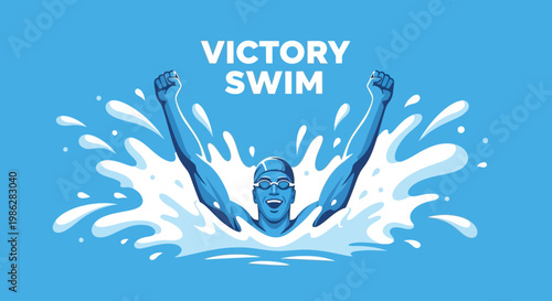 Triumphant Swimmer Celebrating Victory in Water, Embracing Success with Elevated Arms