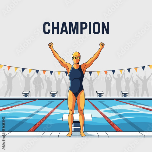 Triumphant Swimmer Celebrating Victory in the Pool, Raising Arms to Display Success