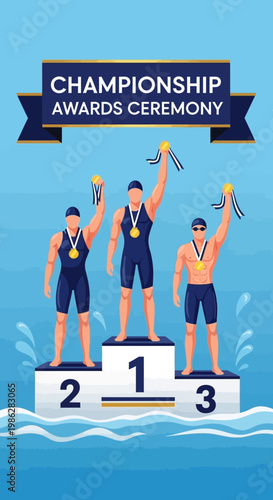 Triumphant Swimmers Celebrated on Podium: Championship Awards Ceremony Depiction in Illustration