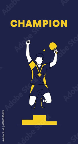 Triumphant Table Tennis Champion Celebrates Victory With Paddle and Podium in Modern Design