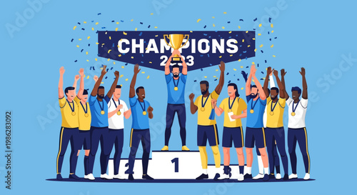 Triumphant Team Celebrates Championship Victory with Trophy and Confetti