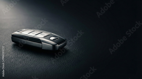 Modern Silver Car Key Fob on Black Leather Surface with Negative Space for Text, Panoramic Banner for Automotive Business and Services