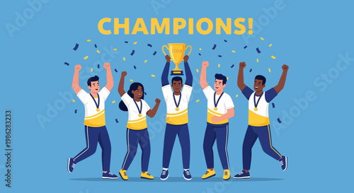 Triumphant Team Celebrating Victory and Holding a Golden Trophy Against a Blue Backdrop