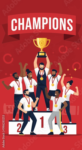 Triumphant Team Celebrating Victory: Champions Holding Trophy on Podium in Joyous Moment