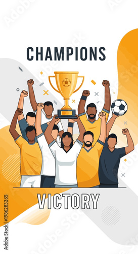 Triumphant Team Celebrating Victory Holding Trophy and Football in Illustration Design