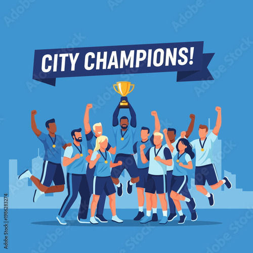 Triumphant Team Celebrating Victory: City Champions Holding Trophy in Joyful Celebration
