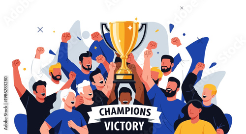 Triumphant Team Celebrating Victory While Holding a Trophy with Great Jubilation