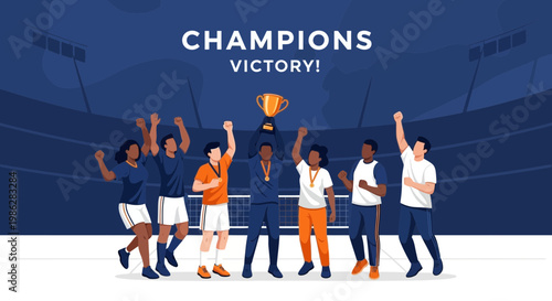 Triumphant Team Celebrating Victory in Arena with Golden Trophy, Champions