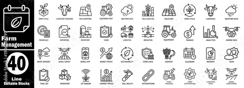 Farm management icons set. Featuring Agriculture technology and smart farming, including drone survey and yield monitoring with editable stocks.